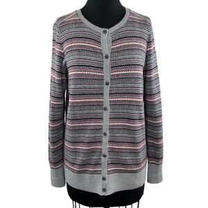 L.L. Bean Gray Red Striped Cotton Cashmere Button Down Cardigan Sweater Size M